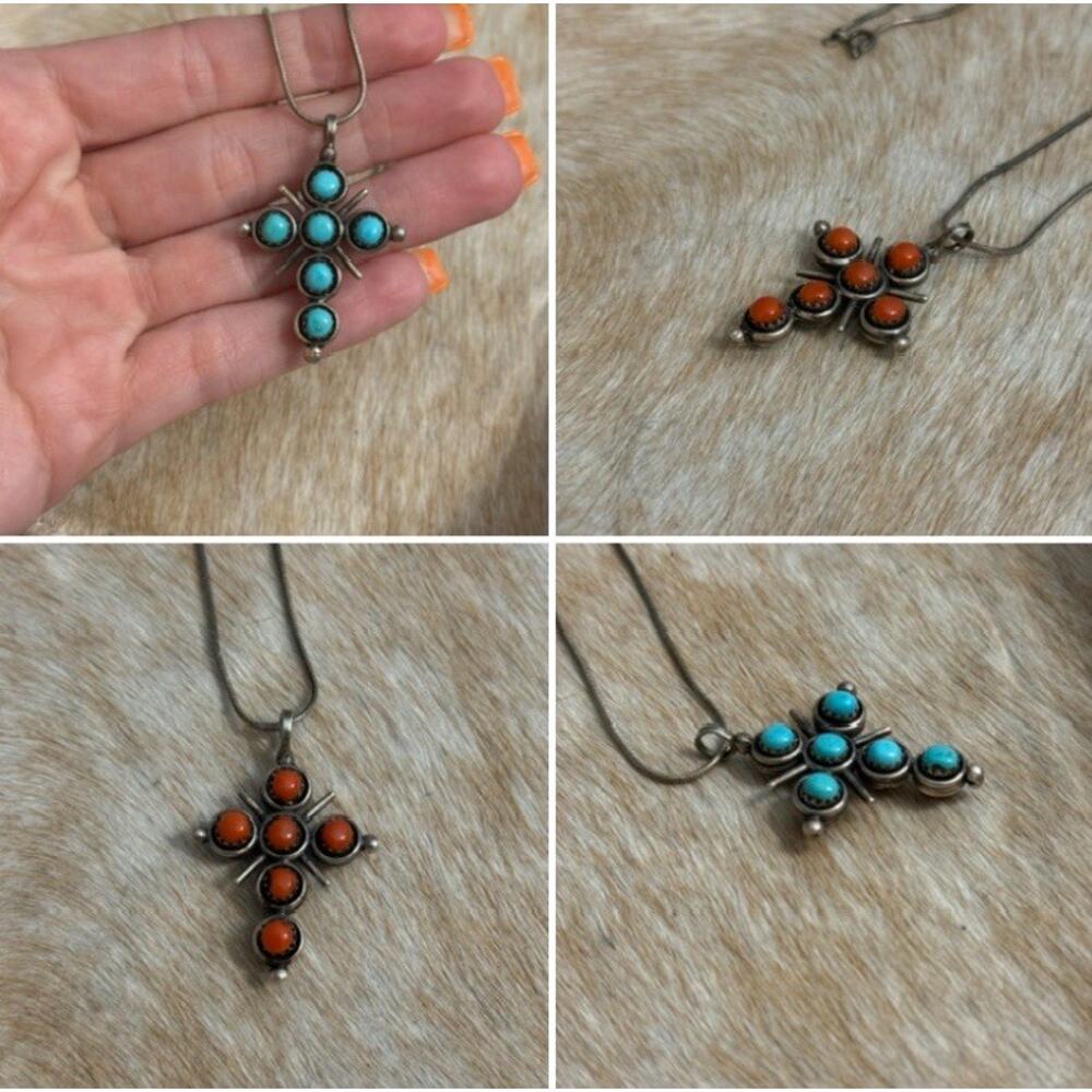 Native American Sterling Silver Turquoise Red Coral Reversible Cross Pendant 925